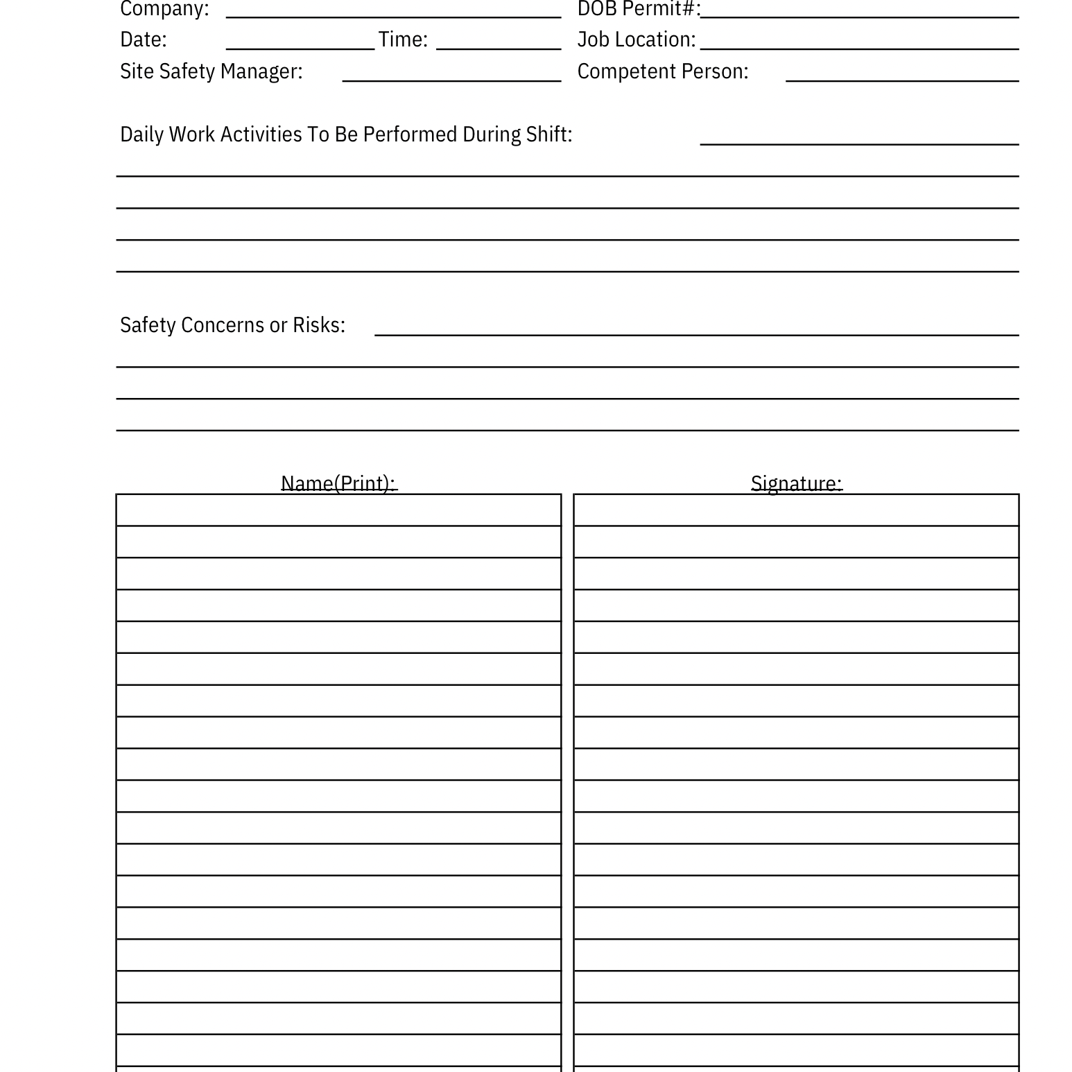The Go Build Daily PRE-SHIFT SAFETY MEETING 30 pages pad provides a blank sign-in sheet with fields for company, date, time, job location, competent person, work activities, safety concerns, and a table for names and signatures.